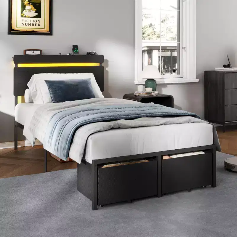 Black Twin Bed Frame with Storage Drawers, Shelf, Charging Station, LED Lights, Wood Headboard