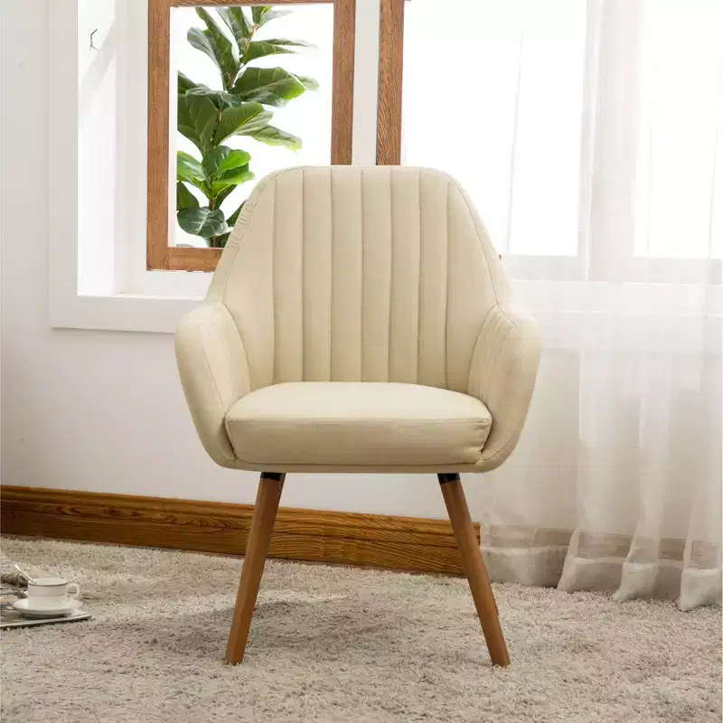 Contemporary Fabric Accent Chair, Tan Polyester Upholstery, Solid Wood Legs