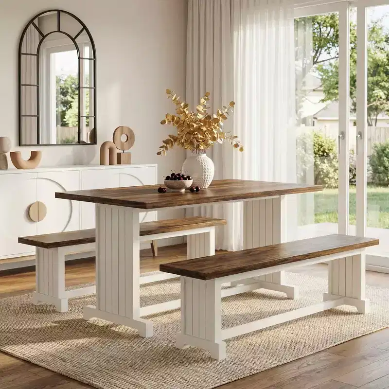 MAYEERTY 3-Piece 47 Farmhouse Dining Set with Table & Benches, 4-6 Seater Sturdy MDF & Metal Frame, Multiuse Home Cafe Furniture