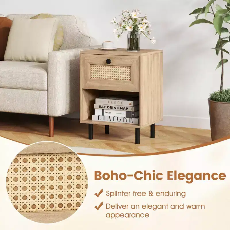Costway 1/2 PCS Rattan Nightstand Boho End Table with Drawer & Open Shelf for Living Room White/Natural