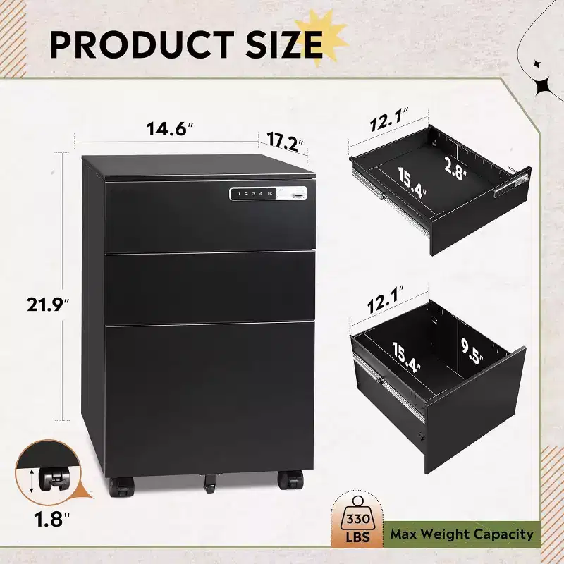 3-Drawer Cabinet with Smart Lock, Pre-Assembled Steel Desk