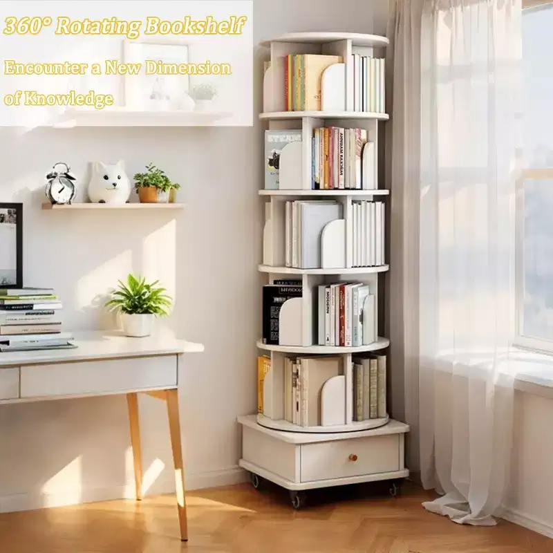 Chic Crate 6-Tier 360 Rotating Bookshelf with Wheels & Drawer, Space-Saving Bookcase for Bedroom & Home Office