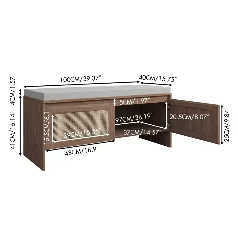 Homy Casa Woven Rattan Panel Storage Bench with Cushion Seat & Hinged Doors, Natural Oak