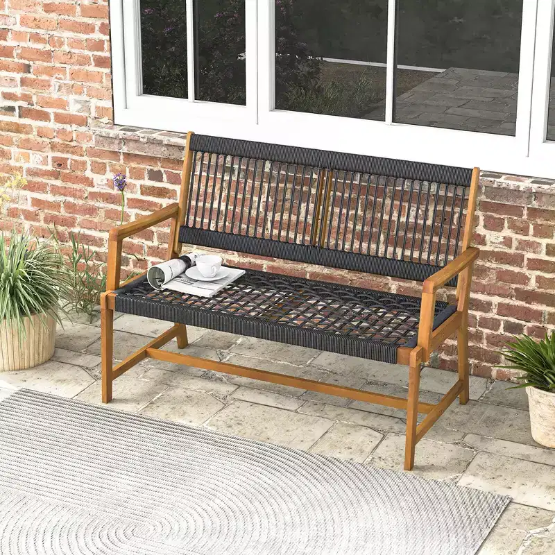 Costway Patio 2-Person Acacia Wood Bench All-Weather Rope Woven Outdoor Garden Natural