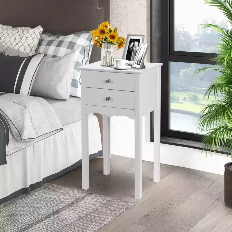 Side Table End Accent Table Night Stand W/ 2 Drawers White