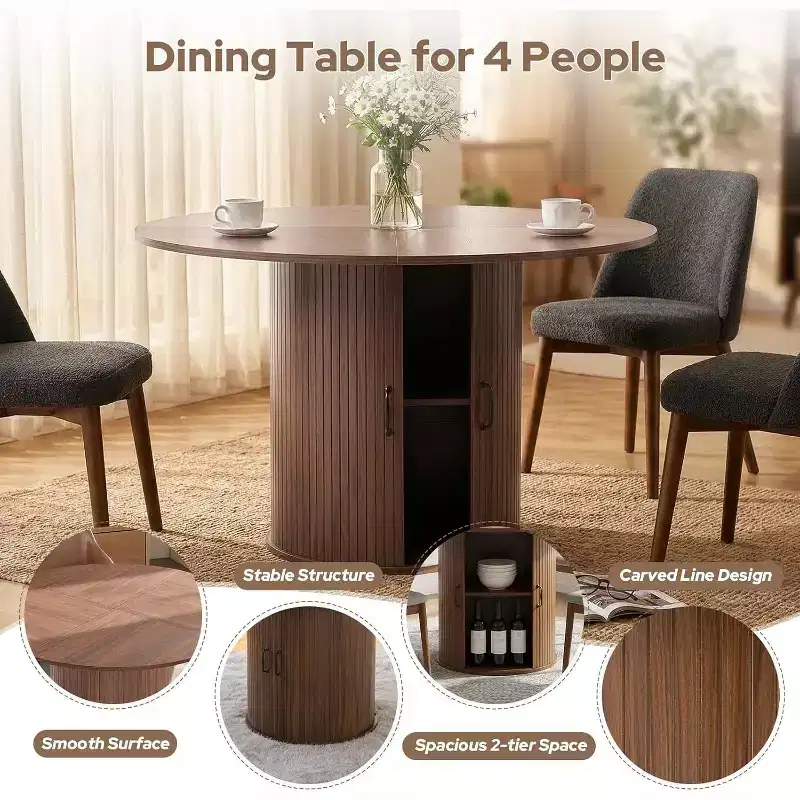 Zevemomo 47.32 inch Round Dining Table for 4(Table Only), Wood Kitchen Table with Storage Shelf and Doors for Kitchen, Living Room, Restaurants