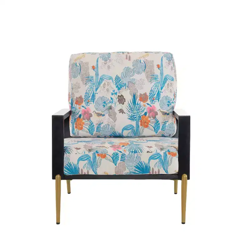 Mid-Century Modern Metal and Rubberwood Velvet Arm Chair