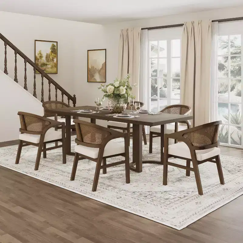 Christopher Knight Home Keira 7 Piece Modern Rattan and Rubberwood Upholstered Dining Set