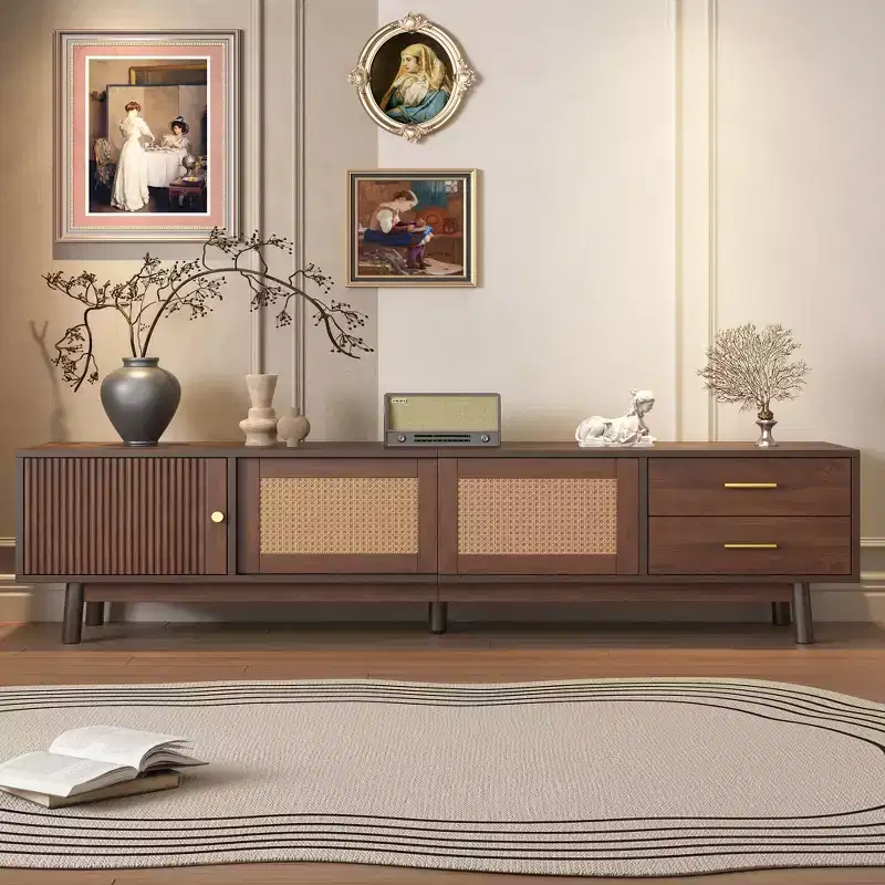 GDFStudio Leo Mid Century Modern TV Stand for 80 TVs, Storage with Sliding Doors and Drawers