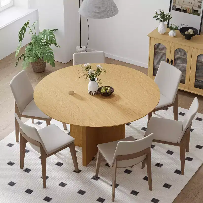 52 x 52 Solid Wood Round Dining Table with Natural Finish and Elegant Arched Legs for Modern Dining Rooms & Kitchens