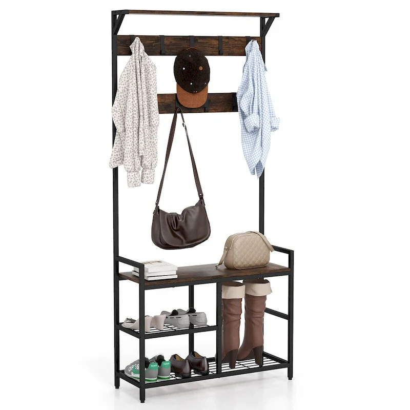 Industrial Hall Tree with Bench and Shoe Storage