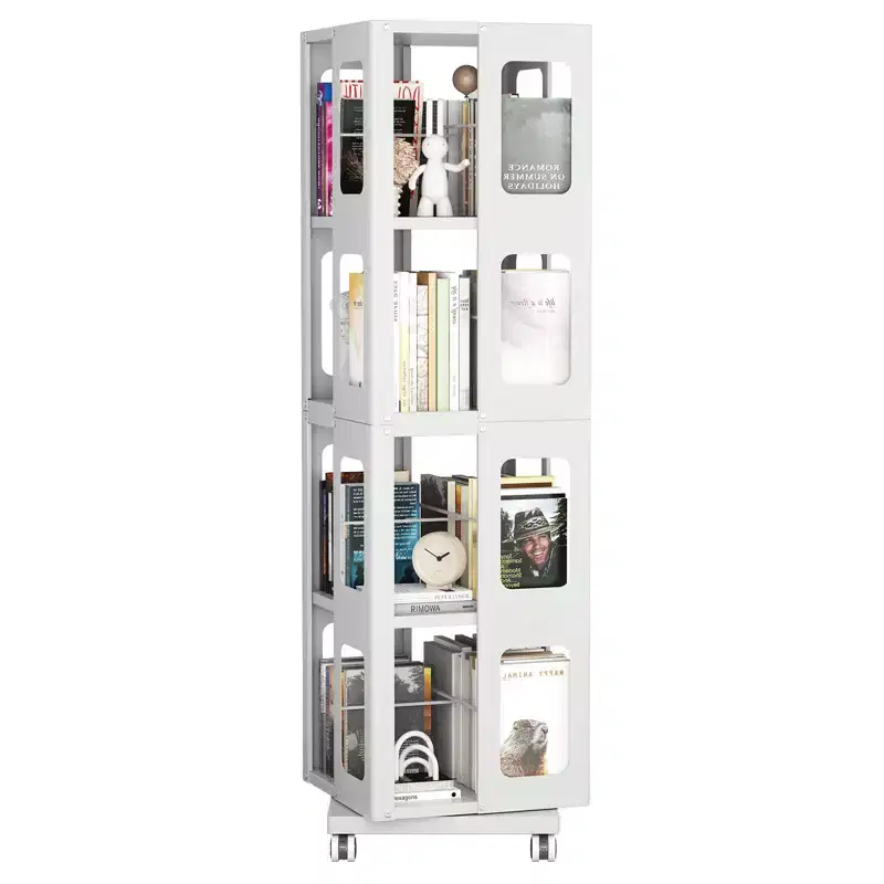 All-Steel Rotating Bookshelf with 360° Wheels, 4-Tier Storage Organizer for Living Room, Hallway, Office