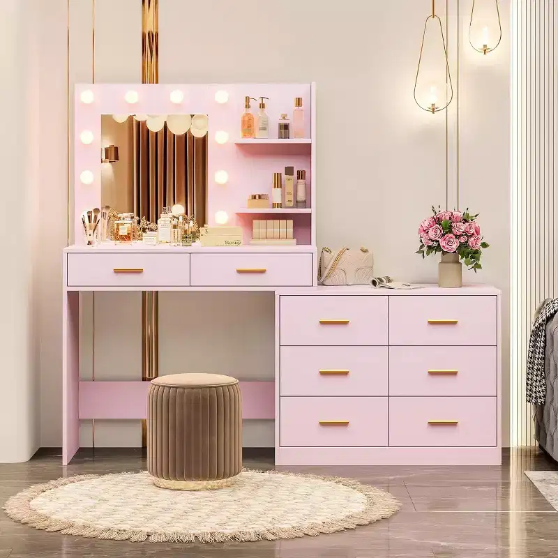 Pink Makeup Vanity Desk with Lighted Mirror, 8 Drawers & 2-Tier Shelves