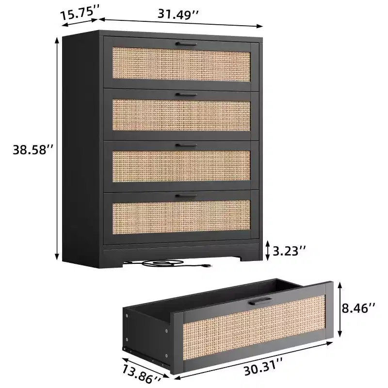 Zstar Modern Tall Rattan 4 Drawer Dresser or Living Room, Hallway, Entryway, Bedroom