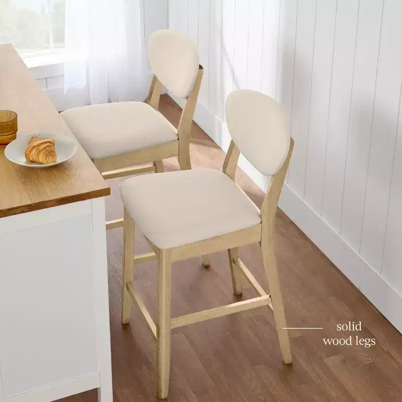 2-Piece Mid-Century Modern Wood and Upholstered Counter Height Bar Stool Set