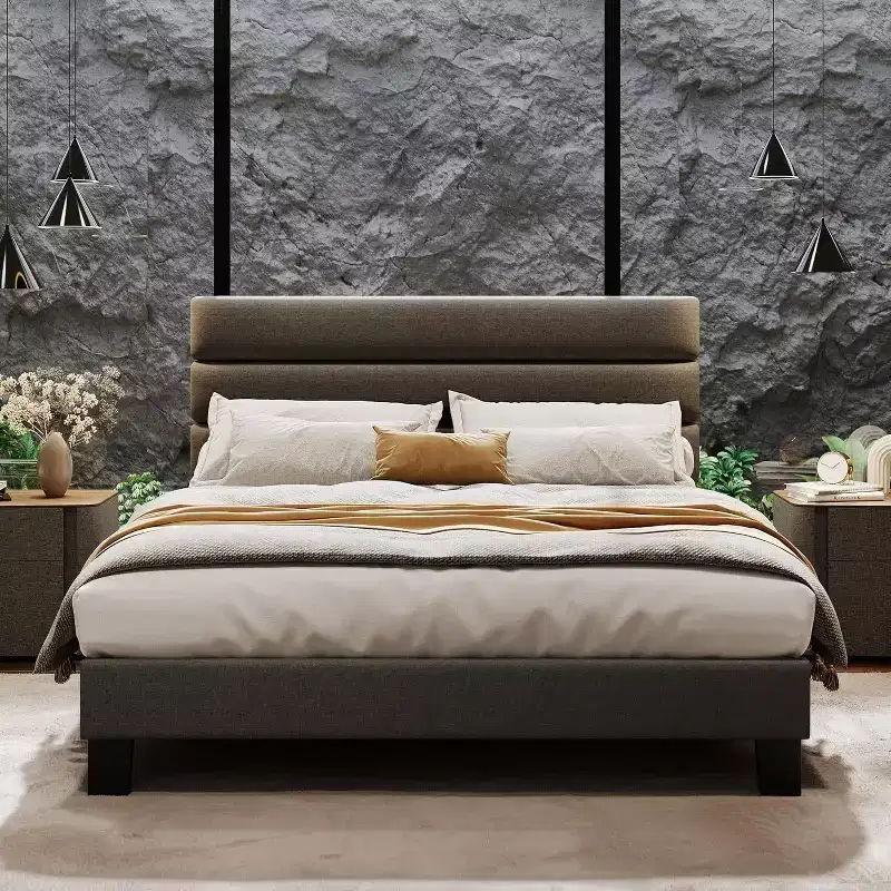Platform Bed Frame with Adjustable Headboard, Fabric Upholstered and Wooden Slats Support, Heavy Duty Foundation, for Bedroom, Dark Grey