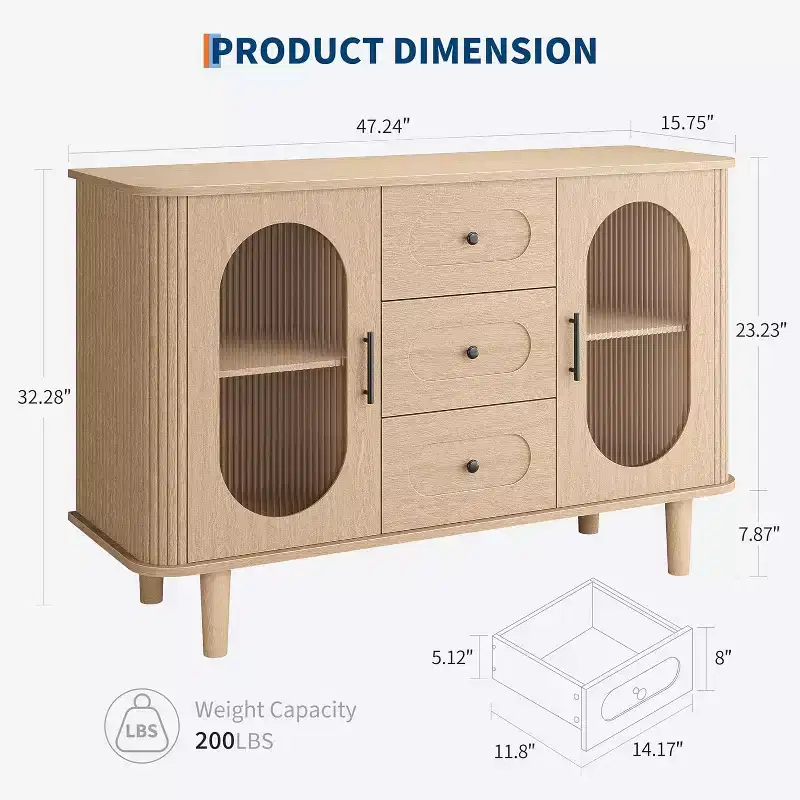 47.2 Sideboard Cabinet with 2 Fluted Glass Doors & 3 Drawers, Modern Farmhouse Accent cabinet with Adjustable Shelves for Kitchen, Living Room