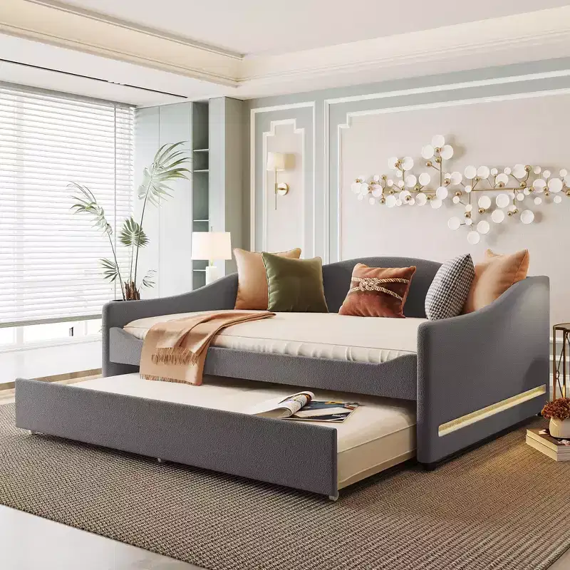 Full Size Upholstered Daybed with Trundle,Teddy Fleece Full Daybed Frame, for Bedroom,Living Room,Gray