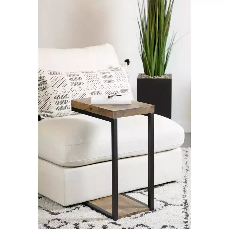 Industrial Snack Side Table – Black Metal Base, Antique Nutmeg Wood Top