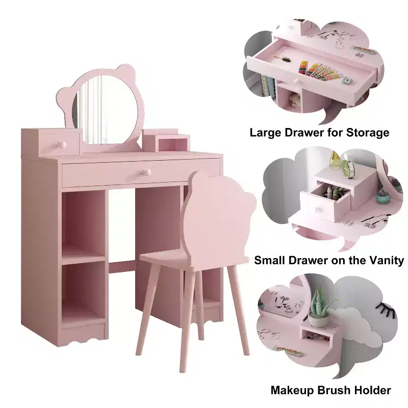 Kids Vanity Set, 2-In-1 Princess Dressing Table & Stool Set, Bear-Shaped Mirror & Stool, Children Makeup Dressing Table for Play Room Bedroom