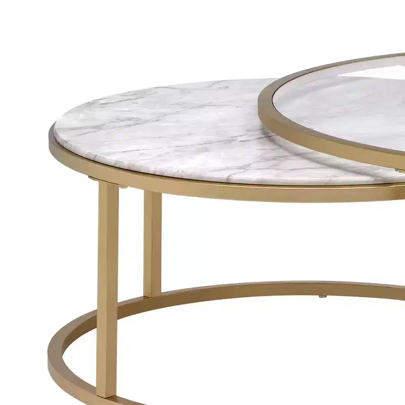 Royal Hampton Metal Framed Nesting Coffee Tables with Glass and Marble Tops, Set of Two, Gold