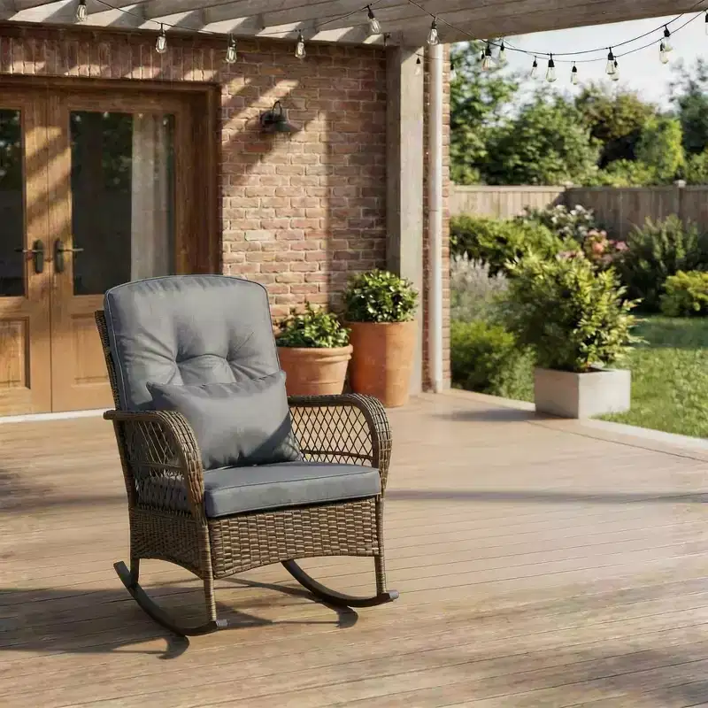 Outdoor Wicker Rocking Chairs Set of 2 , Rattan Patio Rocker Chairs with Cushions and Pillows, Garden Conversation Sofa for Porch, Decking