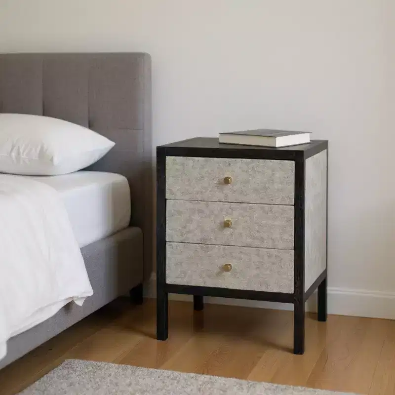 HomeRoots 24 Gray And Black Solid Wood And Faux Shagreen Three Drawer Nightstand