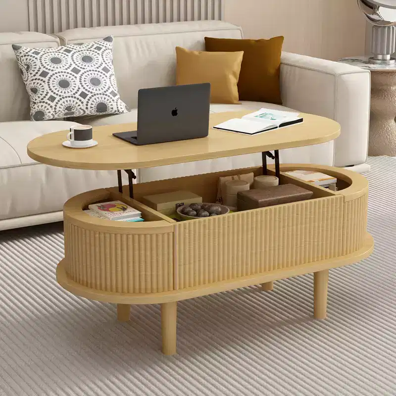 JVNOXK Fluted Lift Top Coffee Table with Hidden Compartment, Wooden Center Table, Modern Oval Lift Tabletop forLiving Room Office,Natural