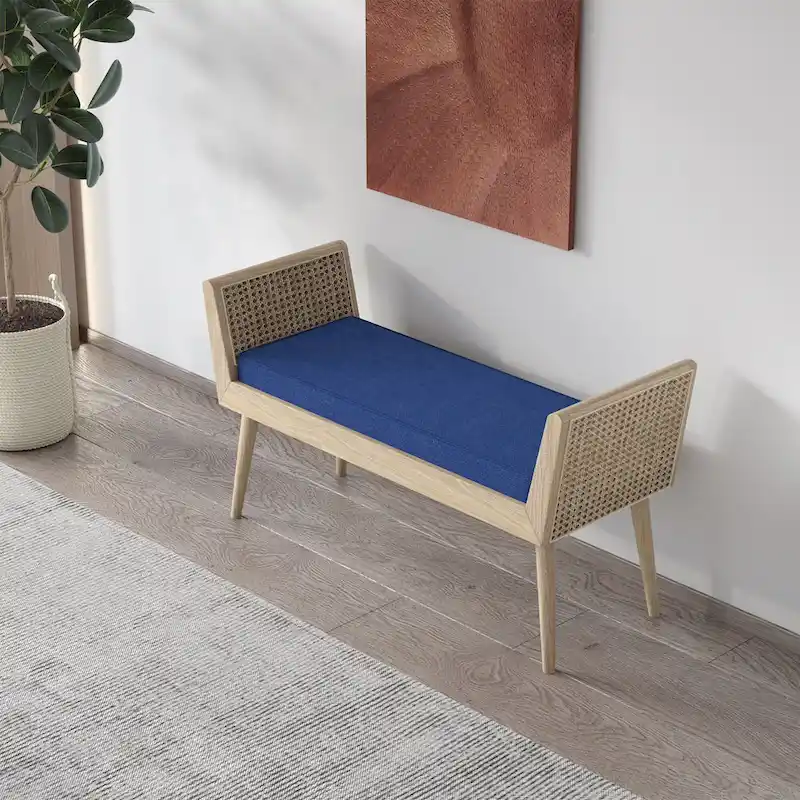 Aderyn Mid-Century Padded Bench with Raised Rattan Arms