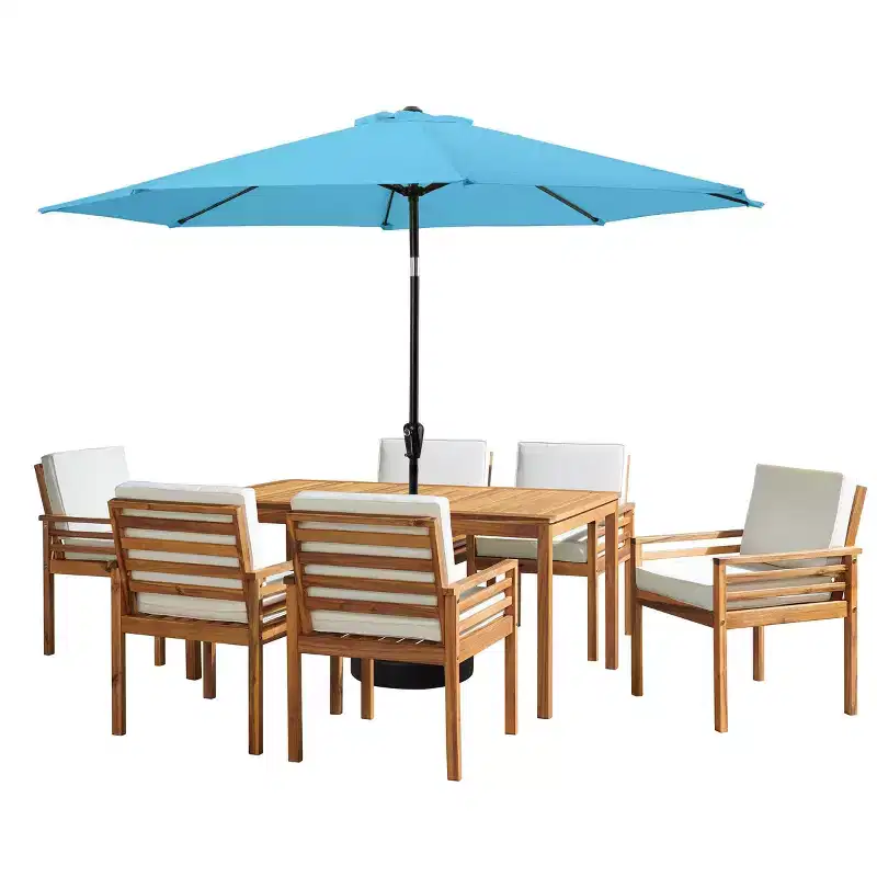 Alaterre Furniture 8pc Outdoor Patio Dining Set, Okemo Table with 10' Auto Tilt Umbrella Blue