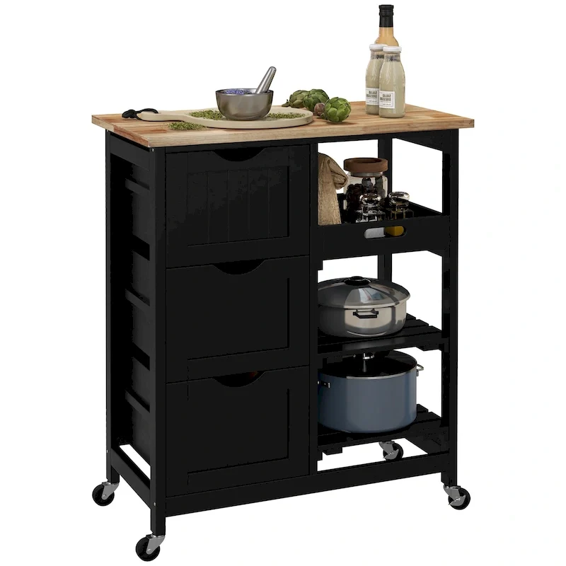 Rolling Kitchen Island Cart with Wood Top, Shelves and Drawers