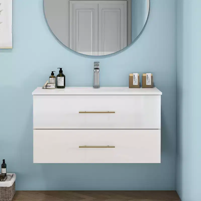 Bathroom Vanity Wall-Mounted with Sink, Double Drawers, Ceramic Sink, Long Metal Handle, Easy to Install