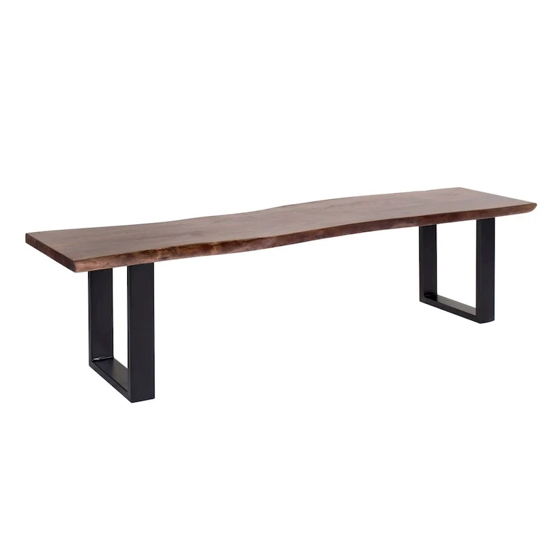 Handmade Live Edge Acacia Wood Dining Bench with Black Iron Base