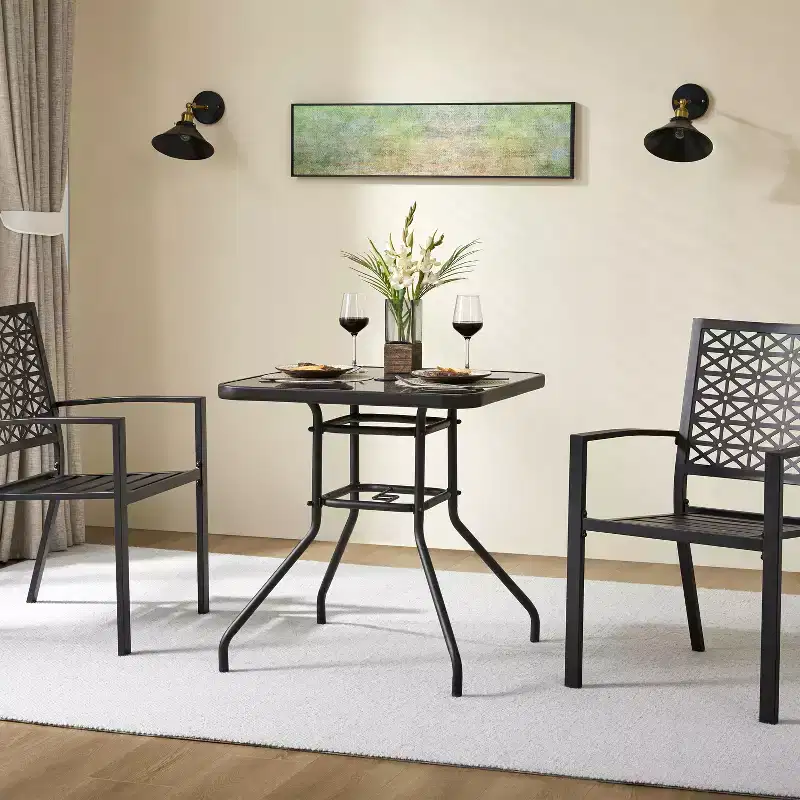 Yaheetech Patio Bistro Table with Silk Printing Glass Top and Umbrella Hole for Balcony, Backyard, Lawn and Garden, Black