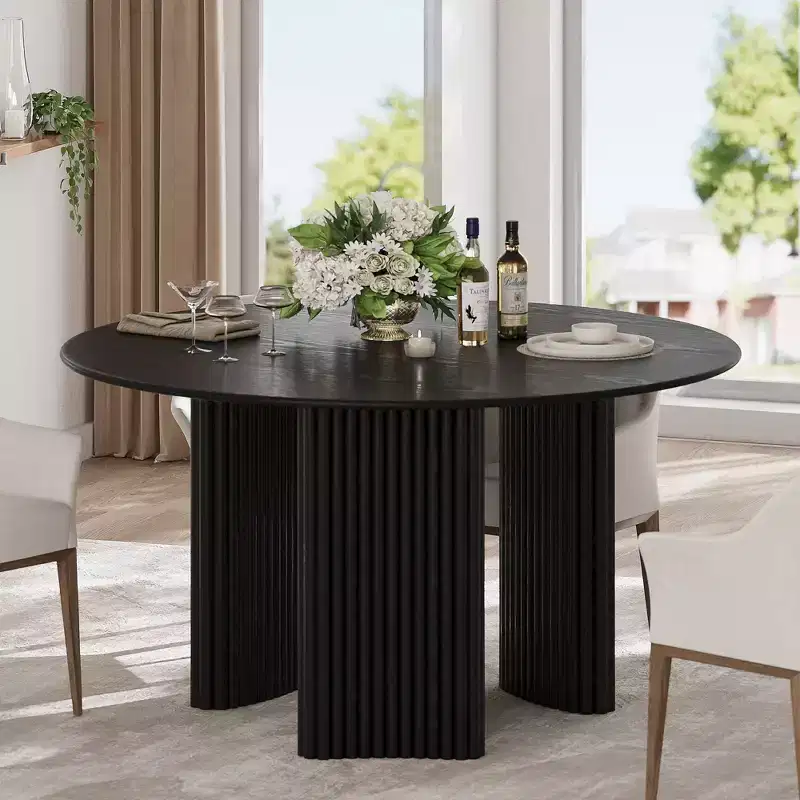 PexFix 52 Modern Round Dining Table with Striped Column Legs Solid Wood Kitchen Table Anti-Scratch Footpads for Dining Room & Kitchen Bar in Black