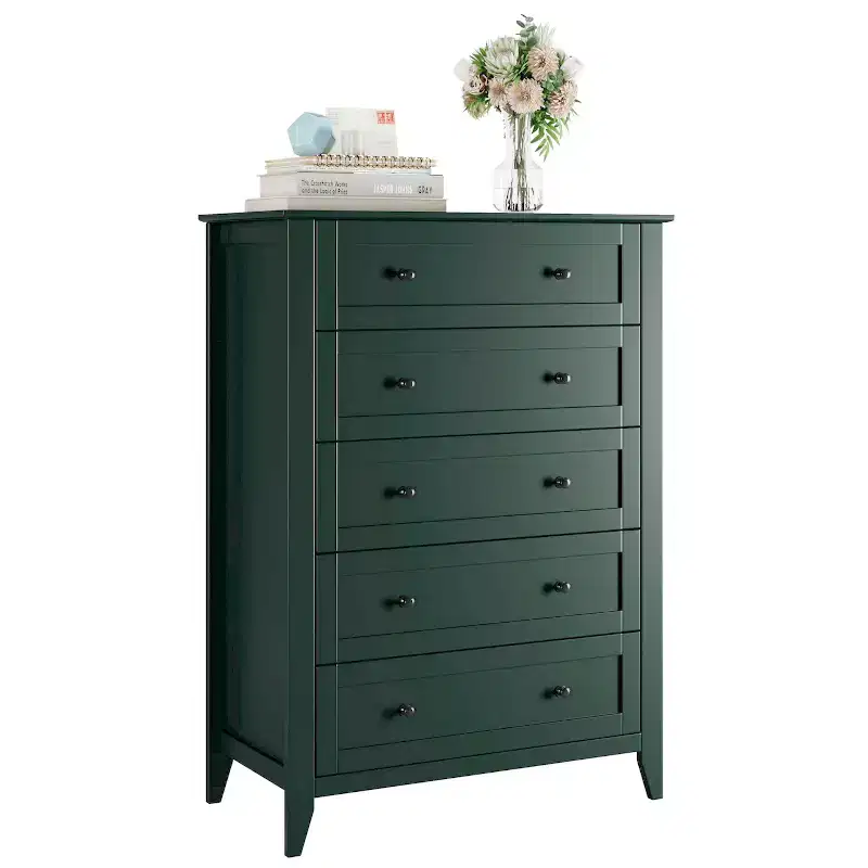 Green 5-Drawer Tall Dresser with Metal Knobs, MDF, 1-Person