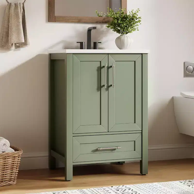 Bathroom Vanity with Sink, Vintage Bathroom Cabinet Vanity with Doors & Drawers, Farmhouse Wooden Freestanding Bathroom Cabinet with Top