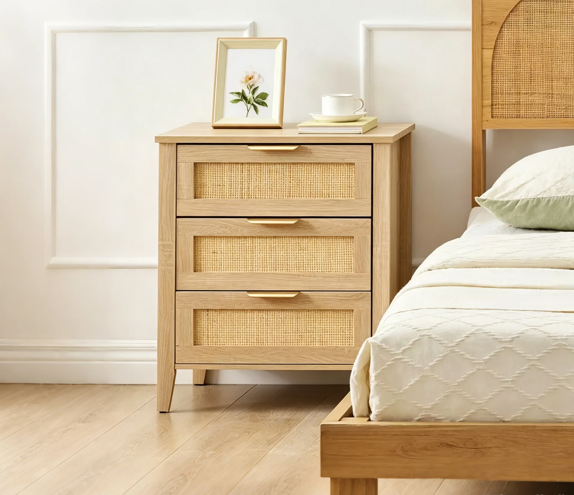 Wooden 3 Drawer Dresser,Rattan Nightstand, Metal Handle and Solid Wood Legs for Bedroom, Living Room, Entryway