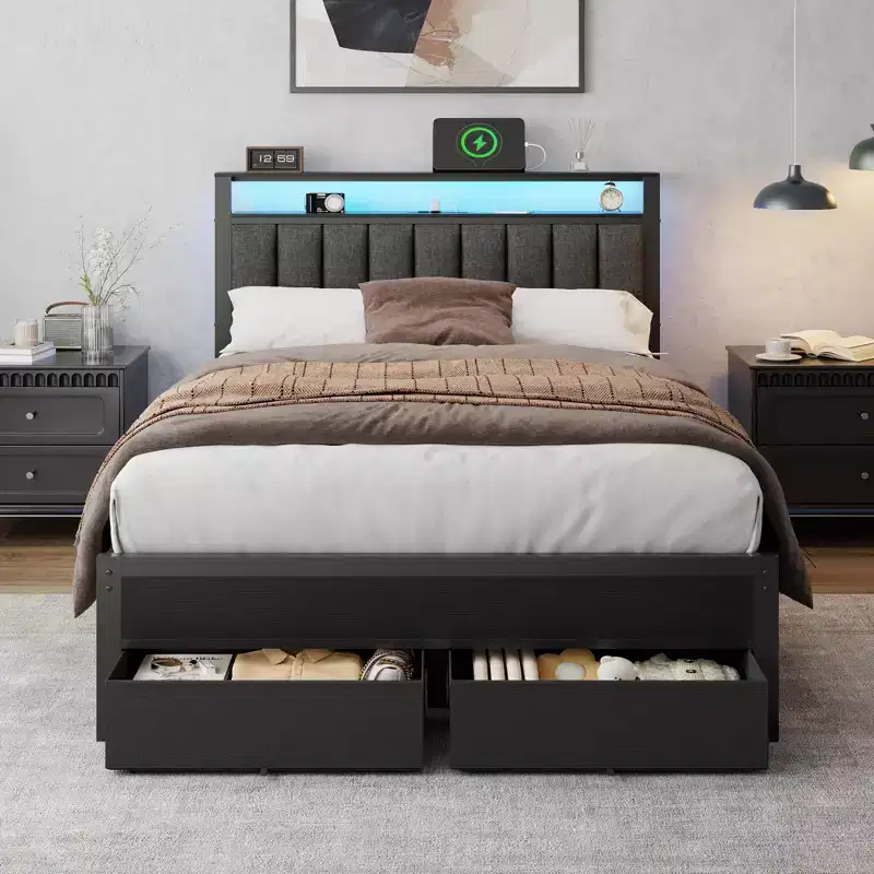Full Platform Bed Frame with LED Lights Charging Station Storage Headboard 2 Fabric Drawers Grey Upholstered Metal Support No Box Spring Needed