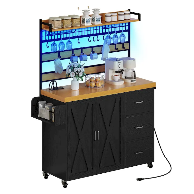 Moasis Large Rolling Kitchen Island Bakers Rack with Power Outlet, LED Light & Tall Shelf