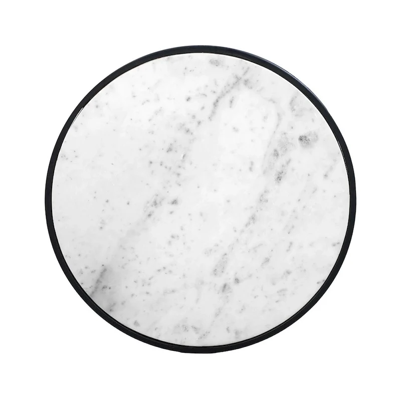 23 Inch Side End Table, Modern Round White Natural Marble Top, Classic Black Iron Frame