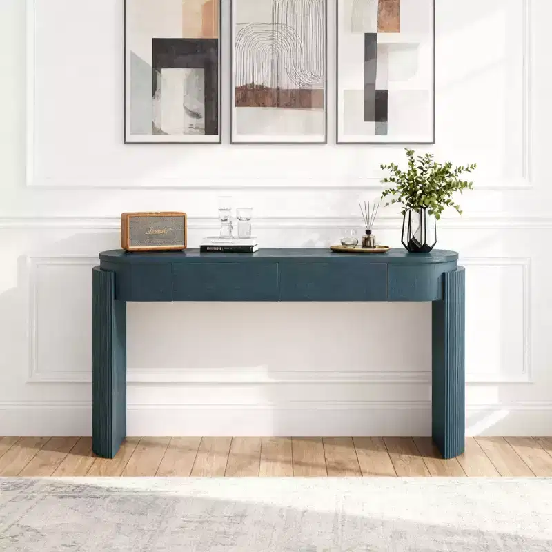 Console Table with Natural Wood Grain Finish, Oval Top and 2 Drawers for Entryway and Living Room, Navy