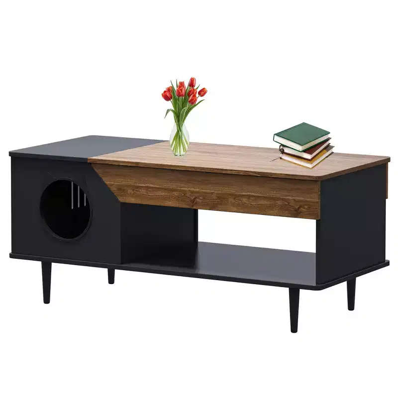 45'' Black Coffee Table Cat Tables Living Room with Storage Drawer, Wooden Rustic Coffee Tables with Cat House