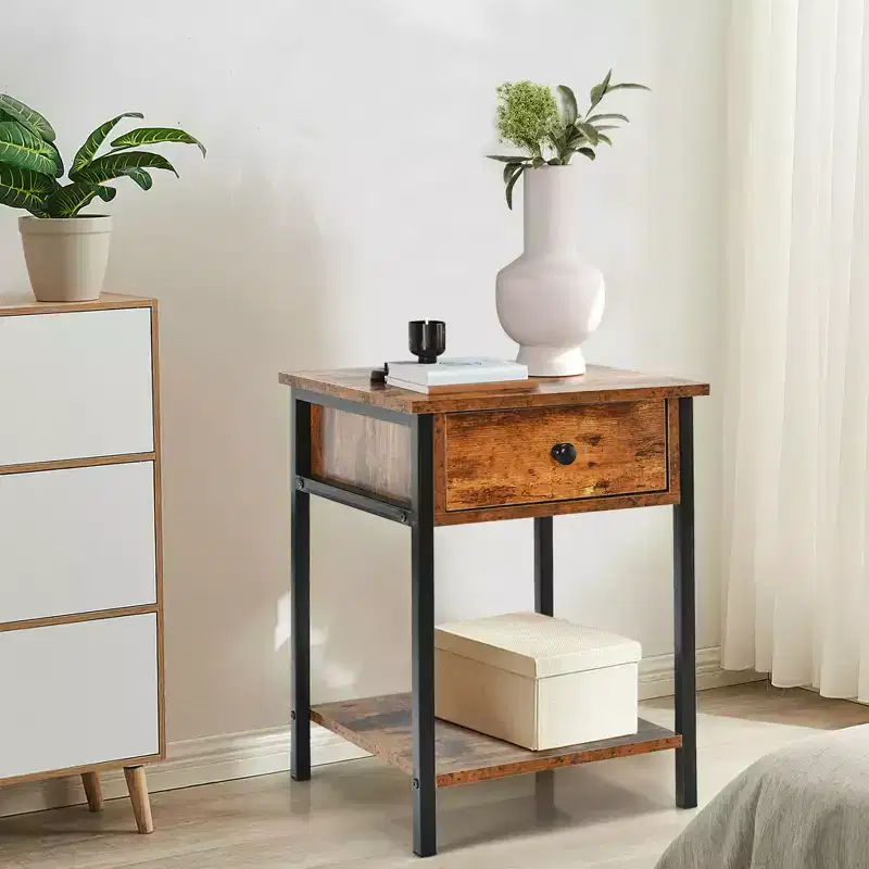Costway Set of 2 Industrial 2-Tier End Table Nightstand with Storage Drawer and Shelf Bedside Tables with Metal Frame Brown