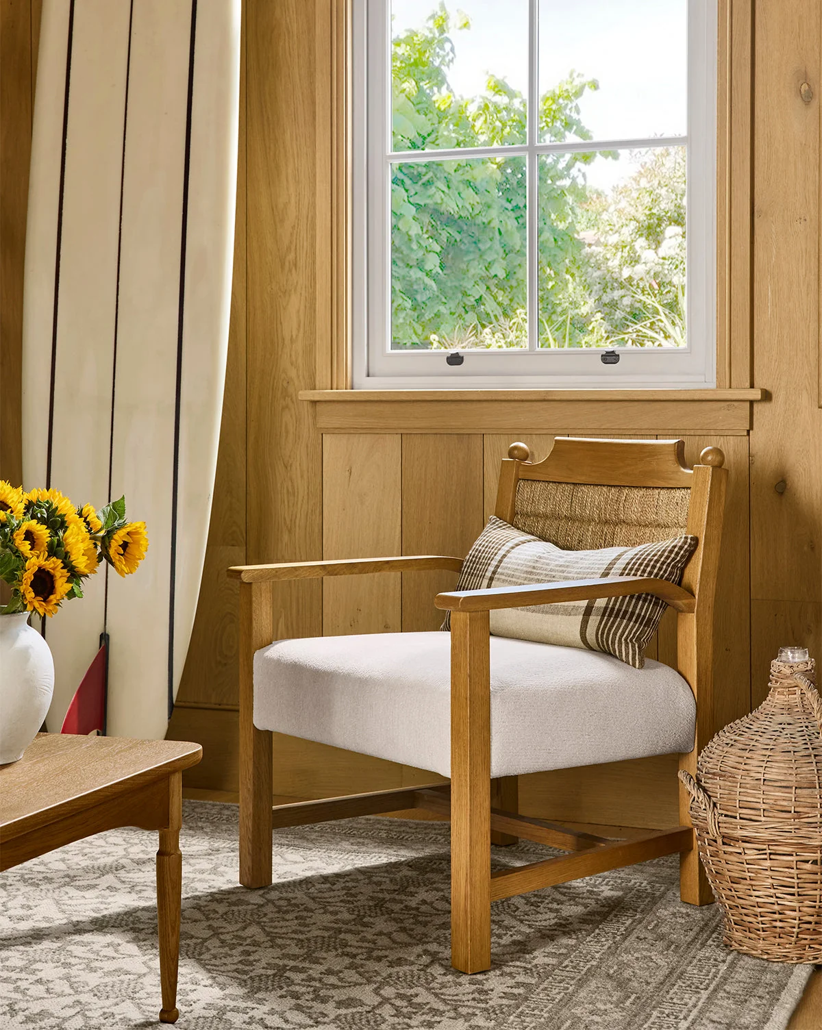 Bohemian Oak & Seagrass Lounge Chair with Cotton-Linen Performance Blend for Living Room