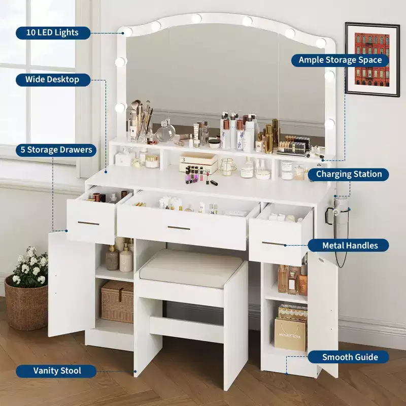 GustoWave Vanity Desk with Mirror and Lights, Vanity with 10 LED Lights, Features 3 Drawers, Storage Stool, Power Outlet, Dressing Table