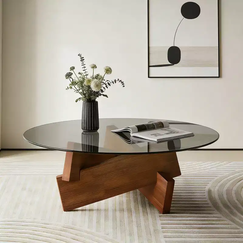 GDFStudio Norwood Modern Round Coffee Table with Tempered Glass Top and Walnut Wood Base
