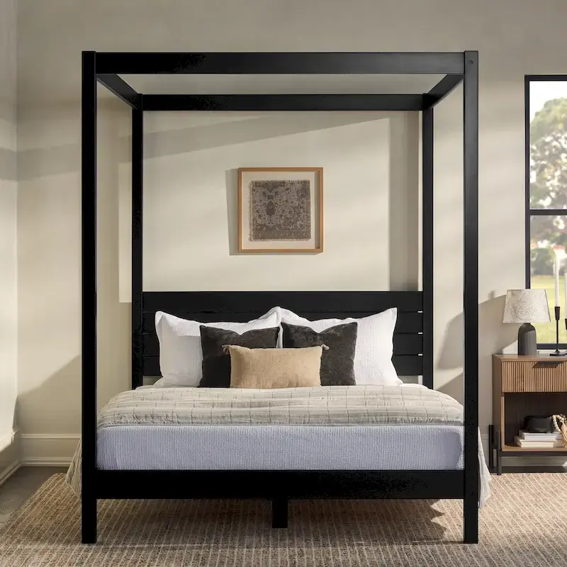Minimalist Canopy Queen Bed Frame, Black / Natural Pine – For 1