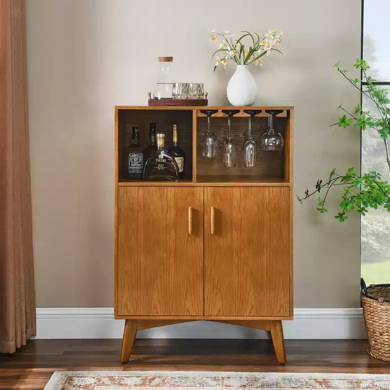 31.5-Inch Wooden Wine Cabinet with Glass Holder, Wine Rack, Adjustable Shelves, and Sideboard Storage for Kitchen or Home Bar