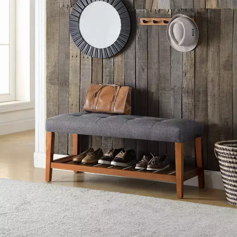 Simple Relax Fabric Upholstered Storage Bench in Gray and Oak